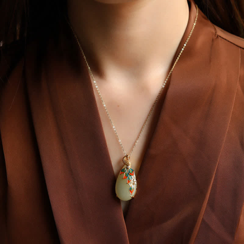 Wear FengShui White Jade Peacock Protection Necklace Chain Pendant