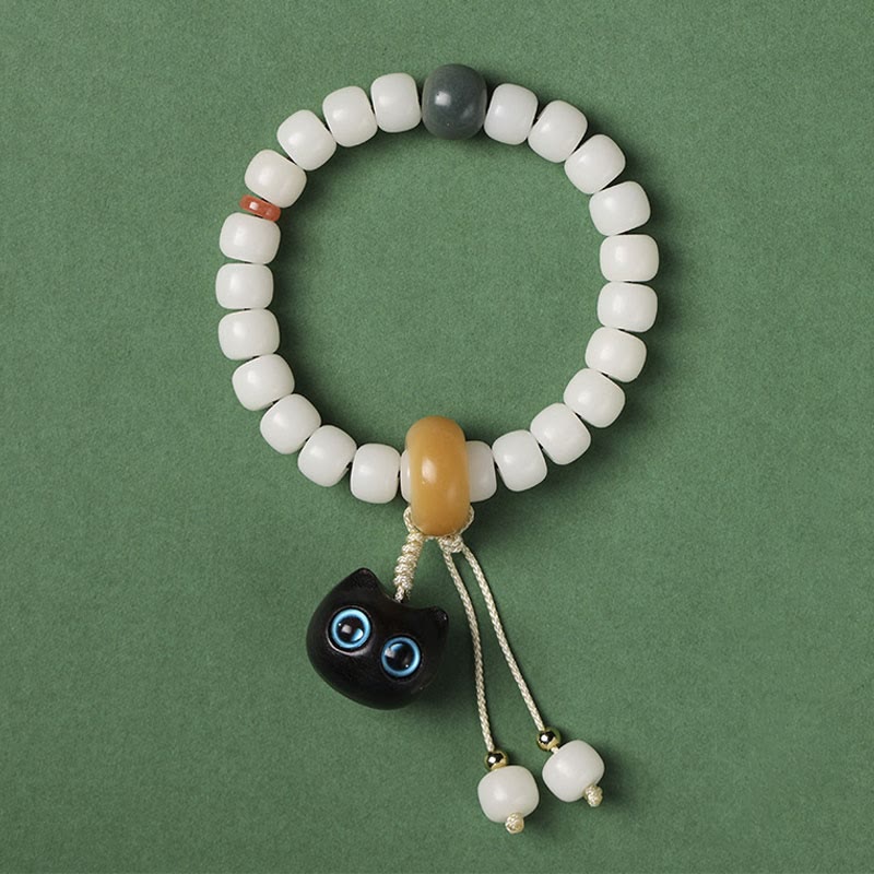 Wear FengShui Natural Bodhi Seed African Blackwood Lovely Cat Charm Peace Harmony Bracelet