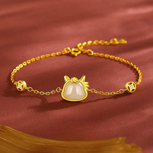 Natural Hetian Jade & Red Agate Horse Bracelet for Women, 925 Silver Chinese Zodiac Jewelry