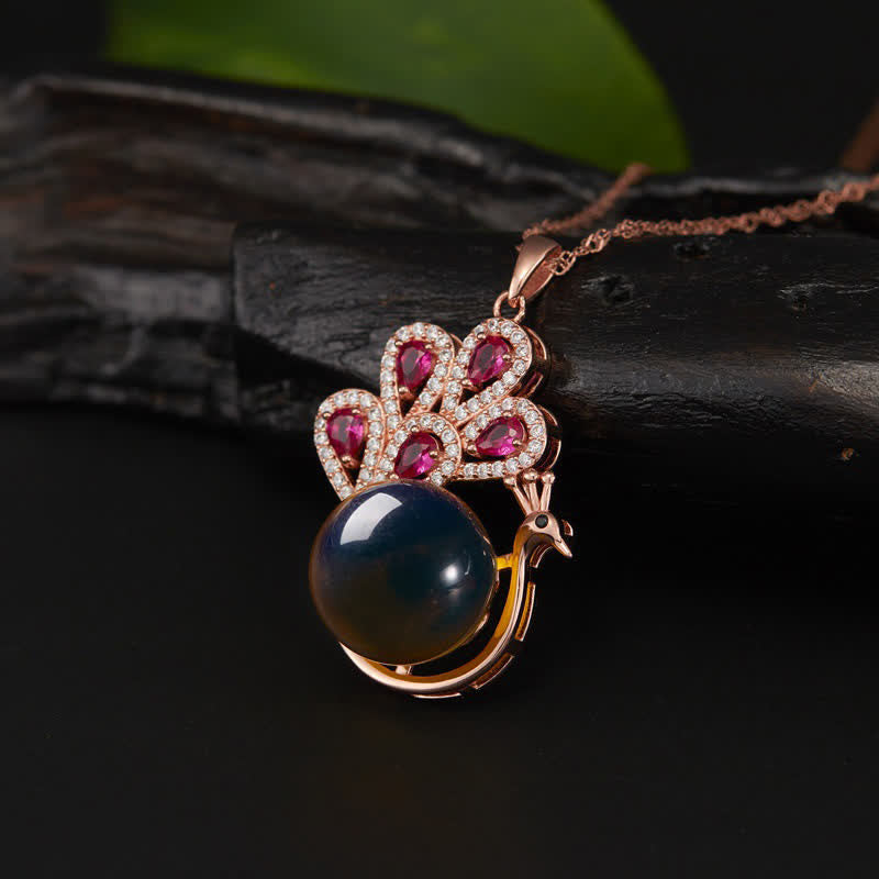 Wear FengShui Peacock Amber Fortune Love Necklace Pendant Ring
