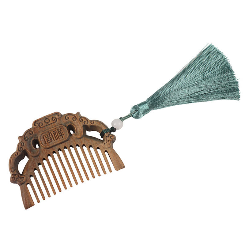 Wear FengShui Green Sandalwood Fox Peony Flower Lotus Engraved Cure Tassel Comb