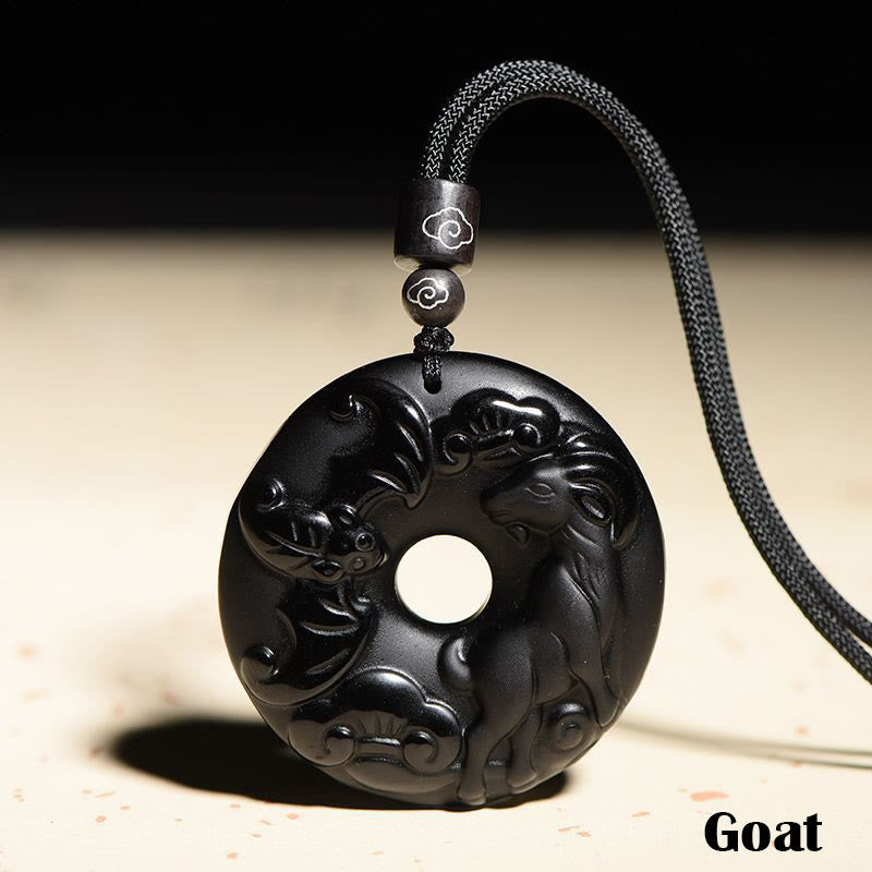 Wear FengShui Chinese Zodiac Natural Black Obsidian Peace Buckle Strength Necklace Pendant