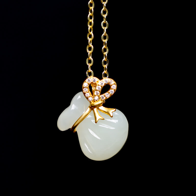 Wear FengShui Natural Hetian White Jade Luck Money Bag Necklace Pendant