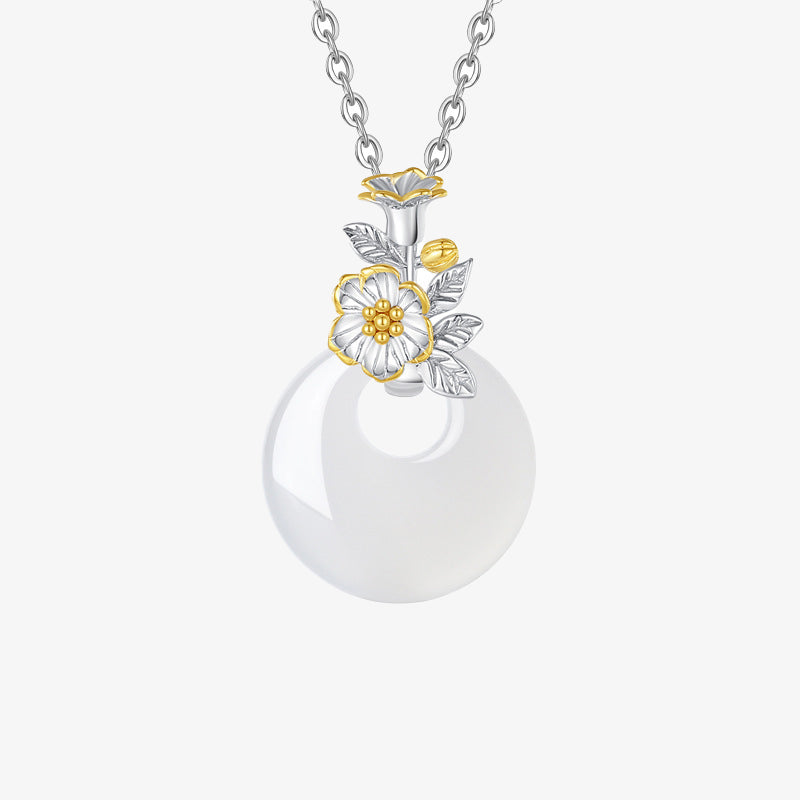 Wear FengShui 925 Sterling Silver Round Chalcedony Twelve Months Flower Harmony Necklace Pendant