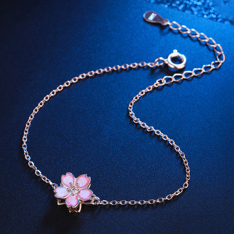 Wear FengShui 925 Sterling Silver Cherry Blossom Blessing Chain Bracelet Rotatable Ring
