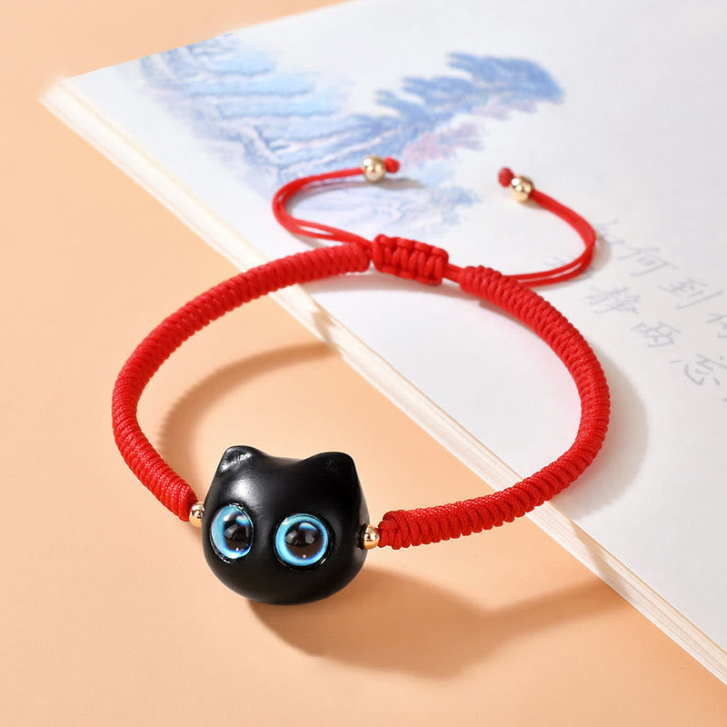 Wear FengShui Ebony Wood Cat Head Pattern Peace King Kong Knot Braided Bracelet