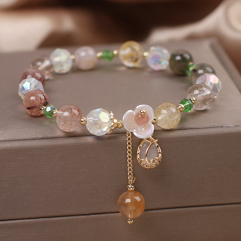 Wear FengShui Strawberry Quartz Rutilated Quartz Fluorite Flower Healing Bracelet
