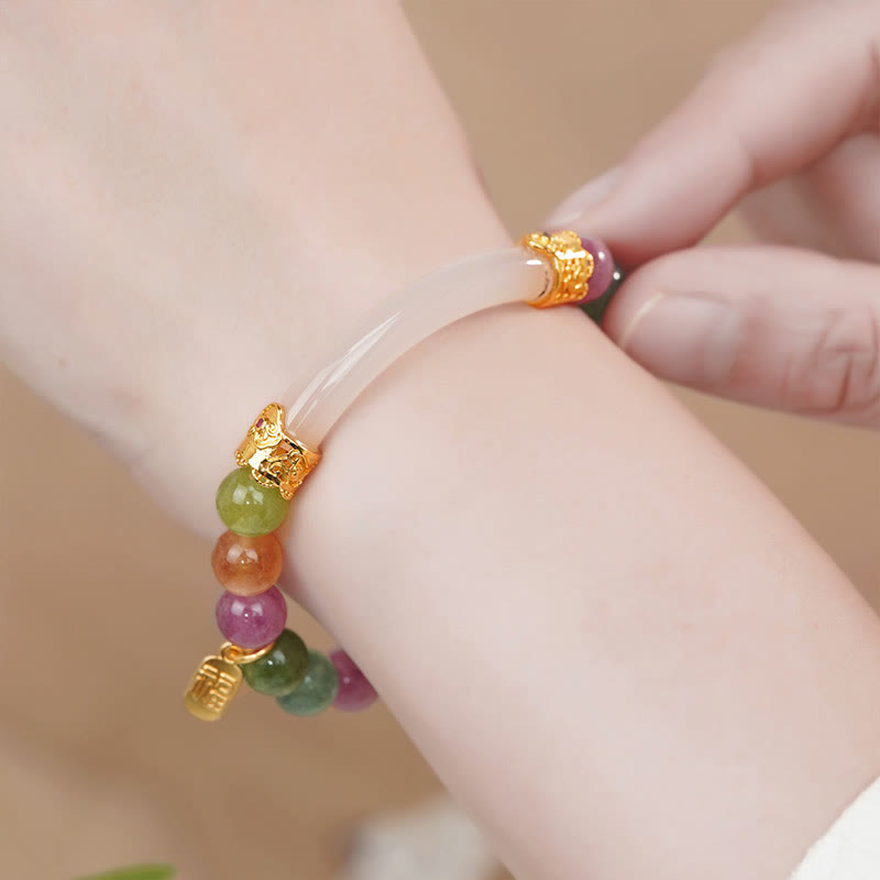 Wear FengShui Colorful Tourmaline Chalcedony Positive Fu Character Charm Bracelet