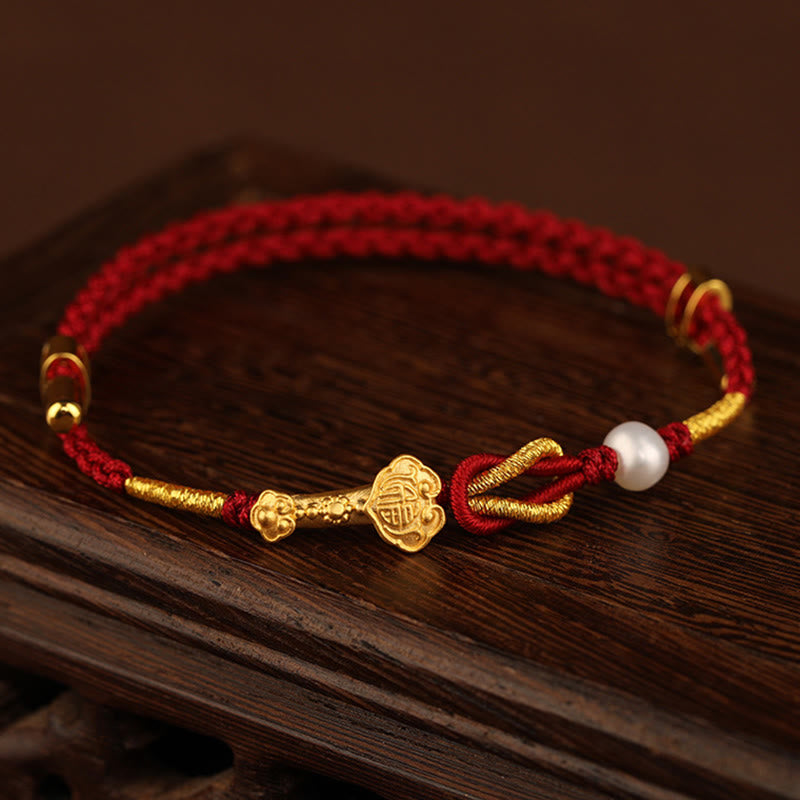 Wear FengShui 24K Gold Wish Ruyi Handle Fu Character Rabbit Pearl Luck Braided Bracelet