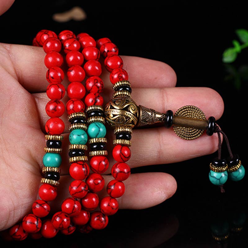 Wear FengShui Tibetan Mala Red Turquoise Lucky Necklace Bracelet