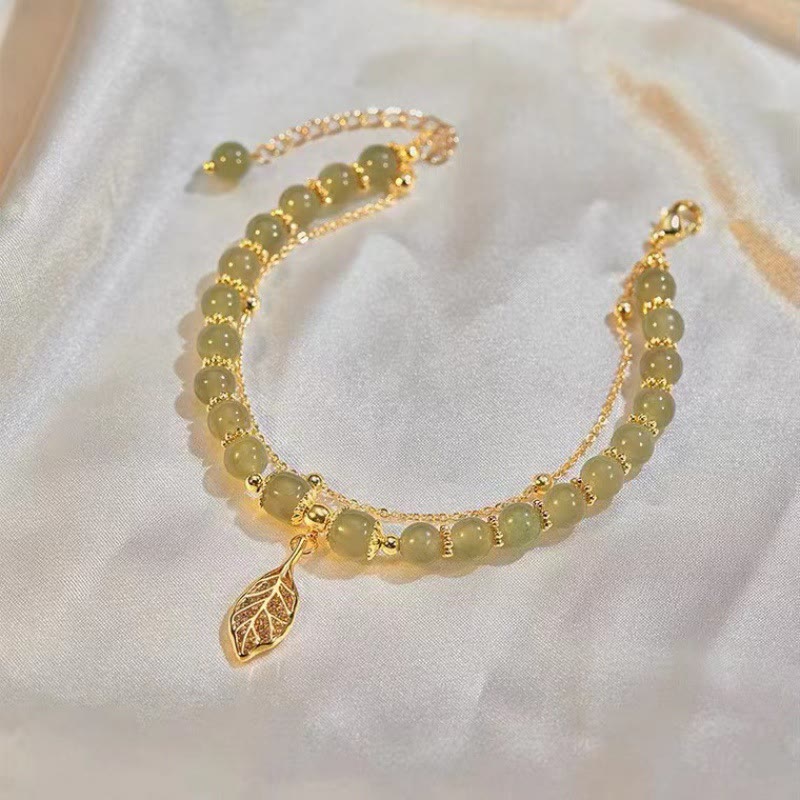 Wear FengShui Jade Leaf Ginkgo Tulip Peanut Fu Character Luck Beaded Bracelet