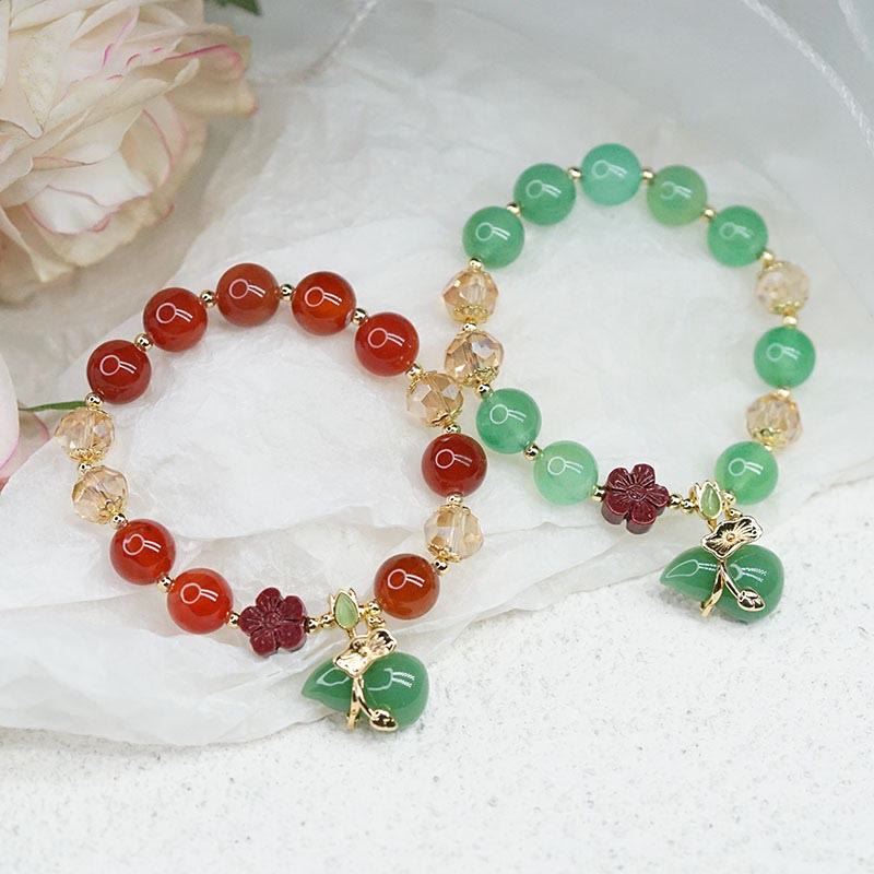 Wear FengShui Natural Red Agate Green Agate Gourd Cinnabar Flower Beads Confidence Bracelet