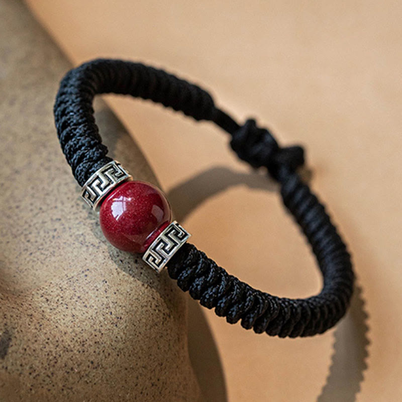 Wear FengShui 925 Sterling Silver Natural Cinnabar Bead Calm Handmade Braided String Bracelet