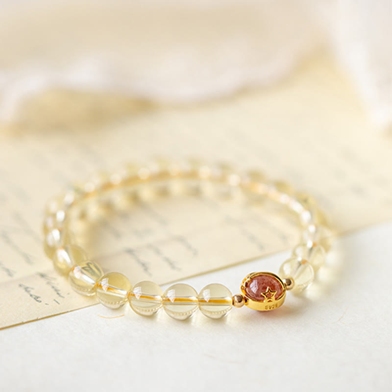 Wear FengShui Golden Rutilated Quartz Strawberry Quartz Star Protection Bracelet