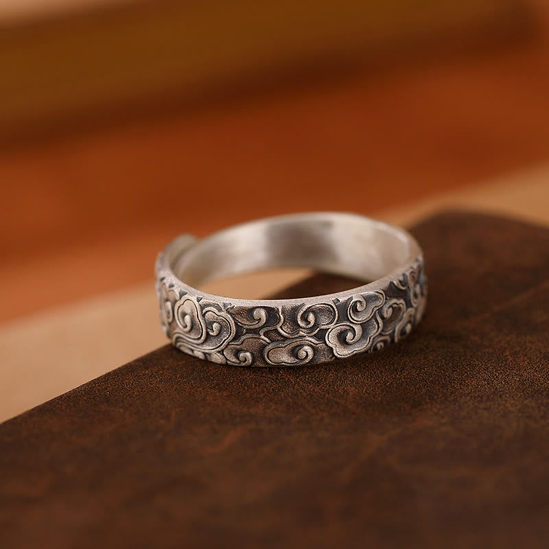 Wear FengShui 999 Sterling Silver Lotus Flower Plum Blossom Auspicious Clouds Engraved Enlightenment Ring