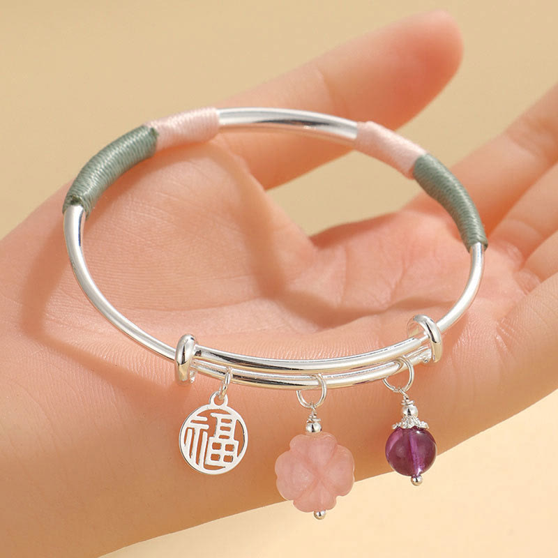 Wear FengShui Pink Crystal Peace Buckle Lucky Flower Love Bracelet Bangle