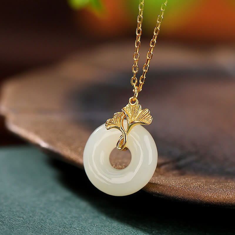 Wear FengShui 925 Sterling Silver Natural Hetian Jade Ginkgo Leaf Peace Buckle Luck Necklace Pendant