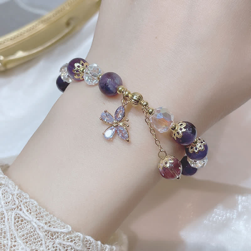 Wear FengShui Natural Amethyst Crystal Spiritual Butterfly Charm Bracelet