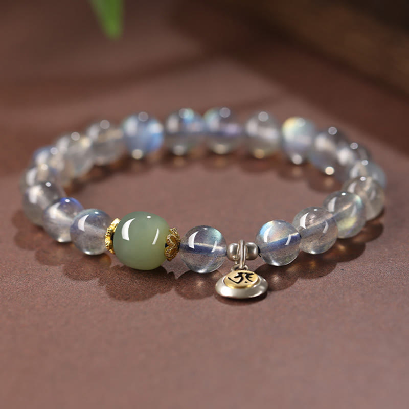 Wear FengShui Chinese Zodiac Natal Buddha 925 Sterling Silver Natural Moonstone Hetian Jade Positive Bracelet