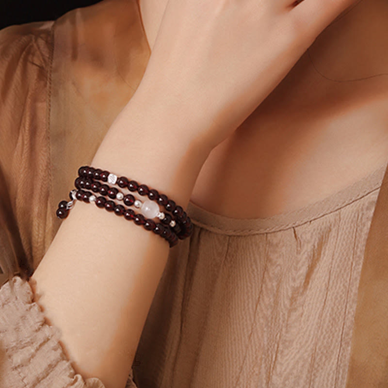 Wear FengShui 925 Sterling Silver Natural Garnet Cat Eye Protection Triple Wrap Bracelet