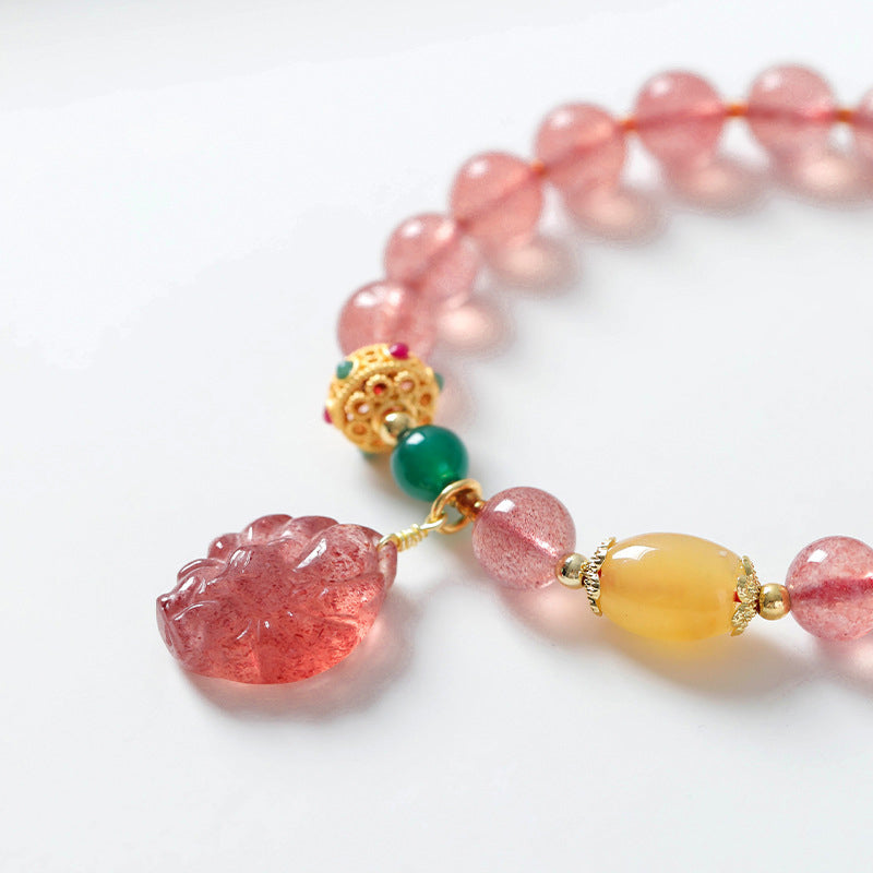 Wear FengShui Natural Strawberry Quartz Nine Tailed Fox Healing Bracelet
