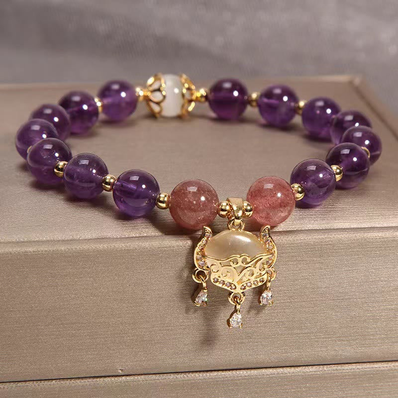 Wear FengShui Natural Amethyst Strawberry Quartz Cat Eye Chinese Lock Charm Healing Bracelet