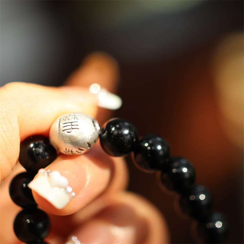 Wear FengShui 925 Sterling Silver Black Onyx Bead Character Engraved Protection Bracelet