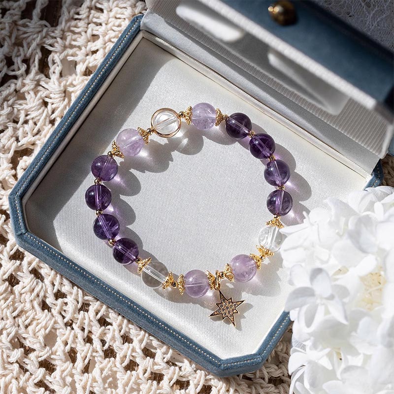 Wear FengShui Natural Amethyst Inner Peace Healing Star Charm Bracelet