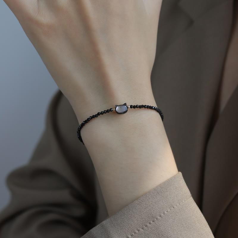 Wear FengShui 14K Gold Plated Black Spinel White Crystal Cute Cat Tridacna Stone Healing Bracelet