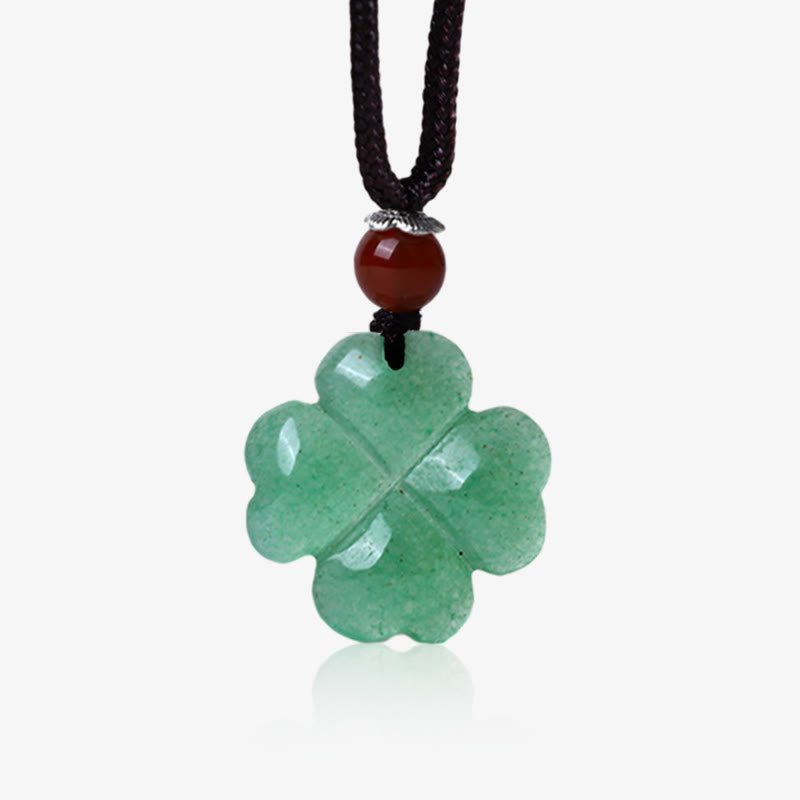Wear FengShui 925 Sterling Silver Green Aventurine Four Leaf Clover Luck Leather Rope Necklace Pendant