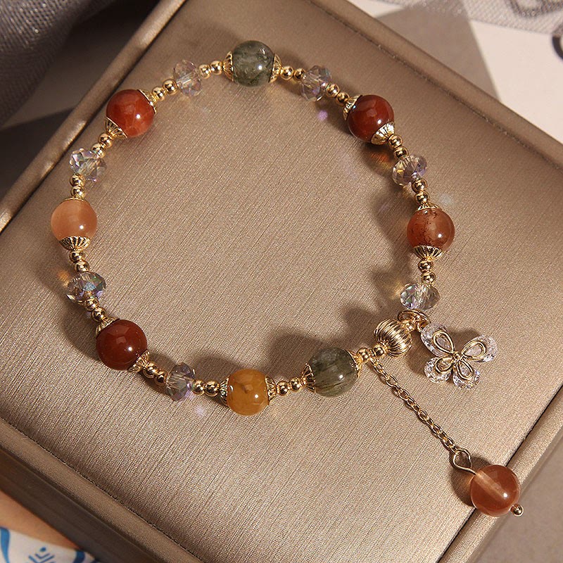 Wear FengShui Natural Fu Lu Shou Rainbow Crystal Rutilated Quartz Wealth Butterfly Charm Bracelet