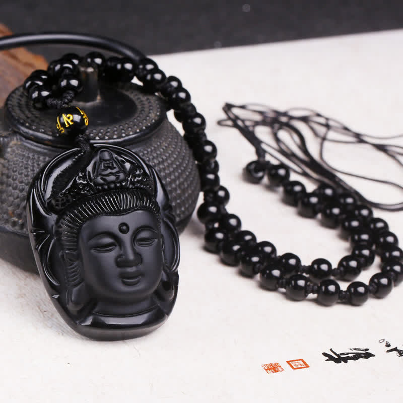 Wear FengShui Natural Black Obsidian Kwan Yin Avalokitesvara Strength String Necklace Pendant