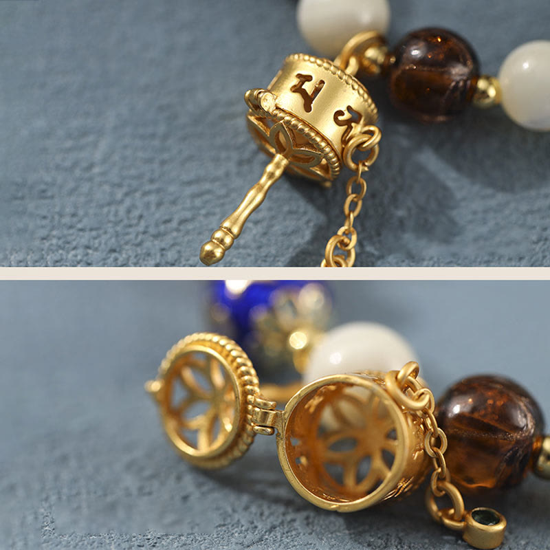 Wear FengShui Tibetan Incense Ash Liuli Glass Tridacna Stone Sun Stone Om Mani Padme Hum Prayer Wheel Charm Bracelet