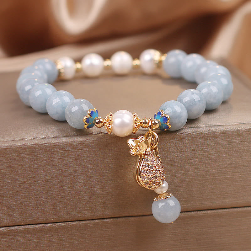 Wear FengShui Aquamarine Pearl Fortune Money Bag Charm Bracelet