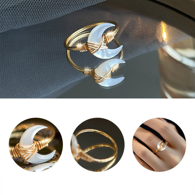 Wear FengShui Natural Tridacna Stone Moon 14K Gold Blessing Ring