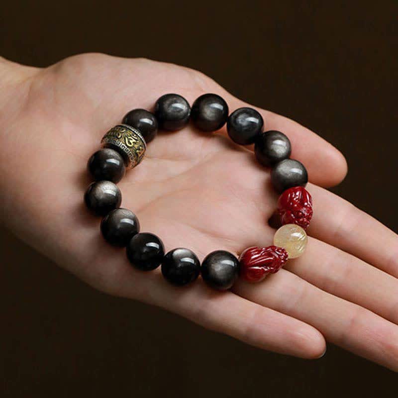 Wear FengShui Gold Sheen Obsidian PiXiu Cinnabar Om Mani Padme Hum Protection Bracelet