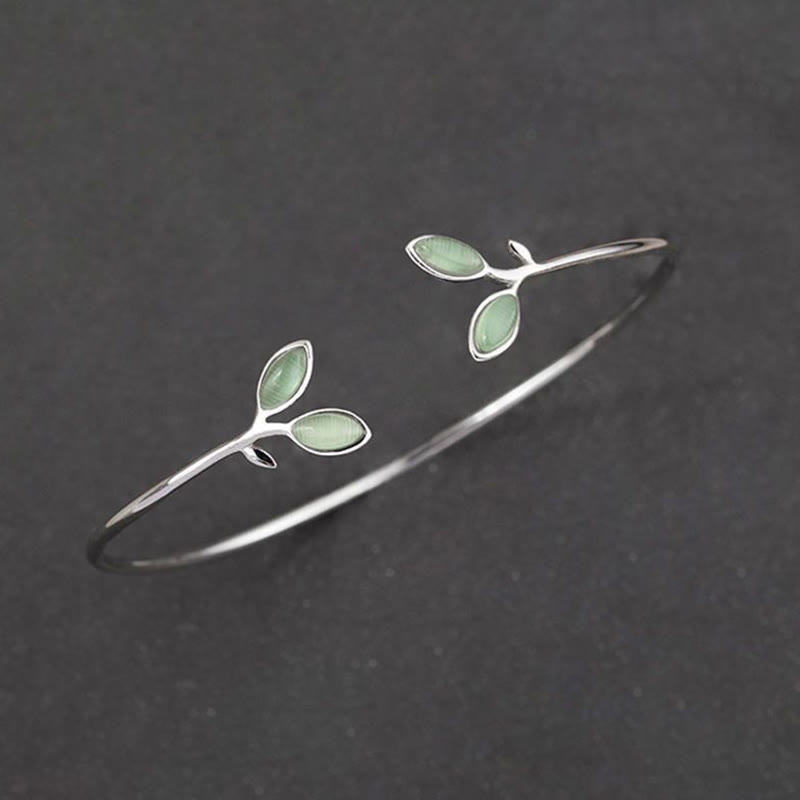Wear FengShui Leaf Pattern Cat Eye Support Cuff Bracelet Bangle