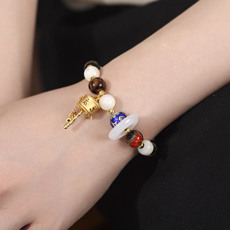 Wear FengShui Tibetan Incense Ash Liuli Glass Tridacna Stone Sun Stone Om Mani Padme Hum Prayer Wheel Charm Bracelet