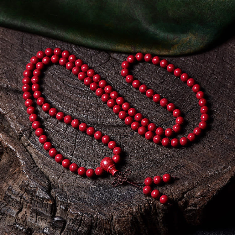 Wear FengShui 108 Mala Beads Cinnabar Om Mani Padme Hum Pattern Engraved Blessing Bracelet