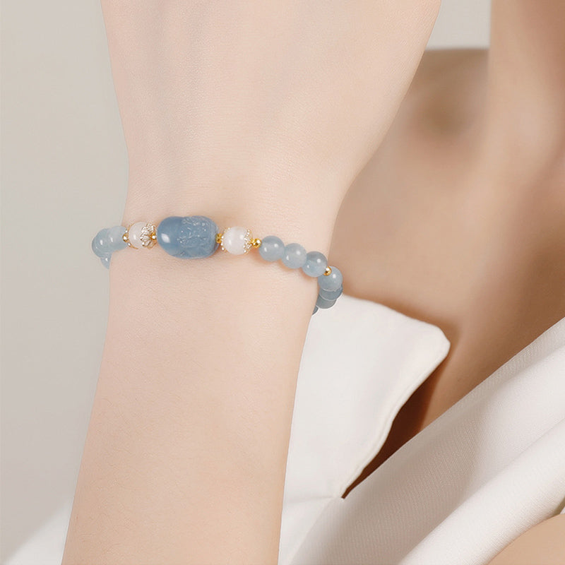 Wear FengShui Aquamarine Strawberry Quartz Amethyst Moonstone PiXiu Healing Bracelet