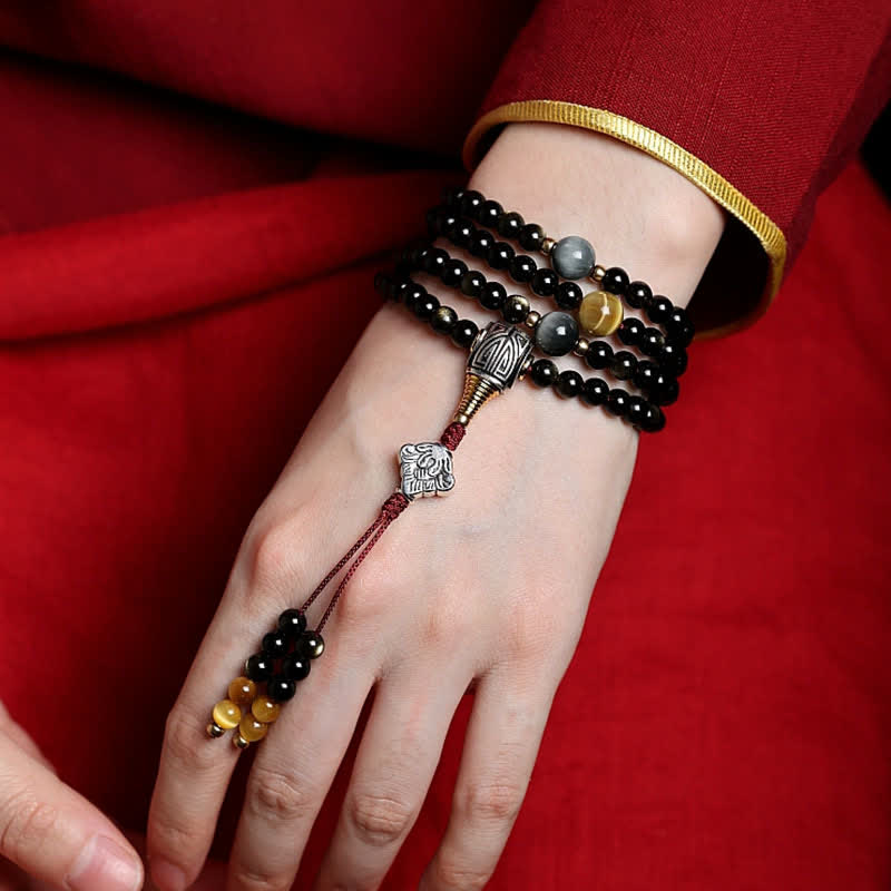 Wear FengShui 108 Mala Beads Gold Sheen Obsidian Tiger Eye Eagle's Eye Stone Wealth Bracelet
