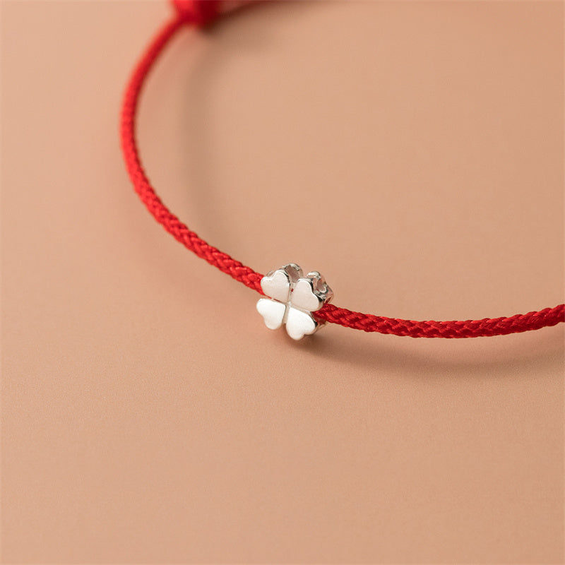 Wear FengShui 925 Sterling Silver Four Leaf Clover Red Rope Bracelet