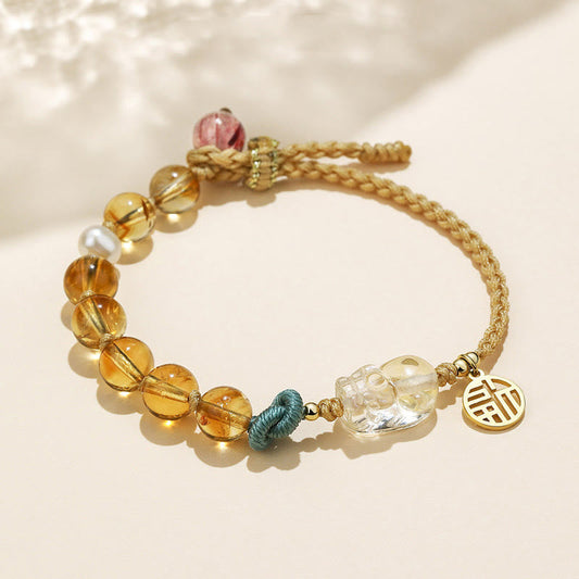 Wear FengShui Citrine PiXiu Fu Character Prosperity String Braided Bracelet