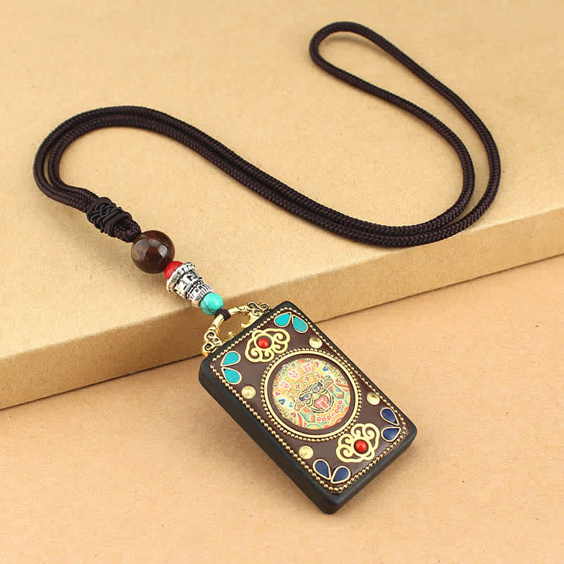 Wear FengShui Tibet God of Wealth Thangka Ebony Peace Necklace Pendant