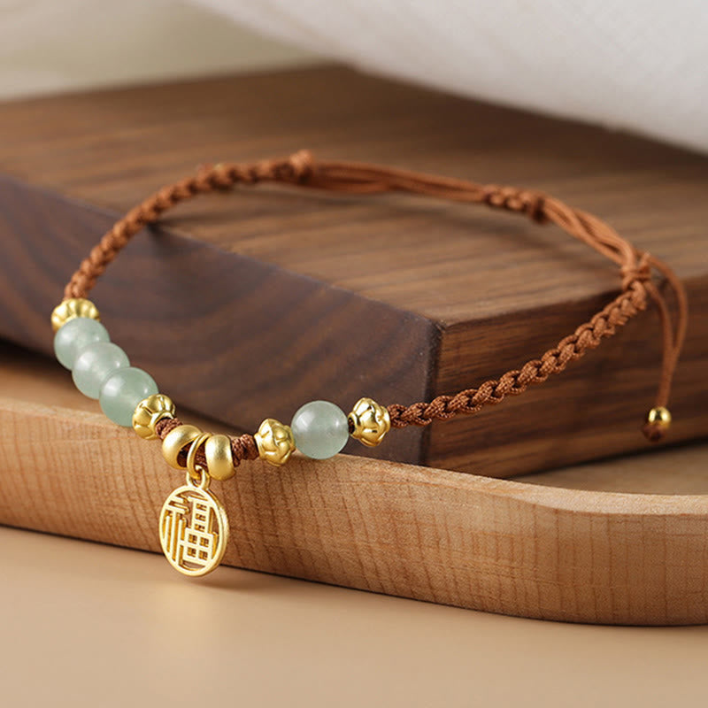 Wear FengShui Jade Beads Fu Character Blessing Rope Bracelet