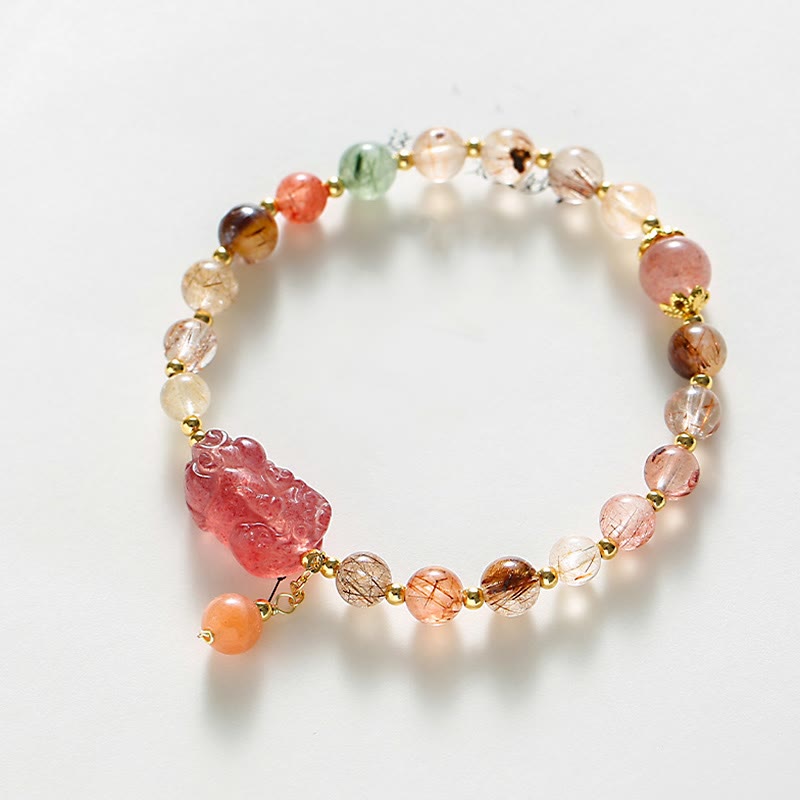 Wear FengShui Natural Rutilated Quartz Strawberry Quartz PiXiu Wealth Bracelet