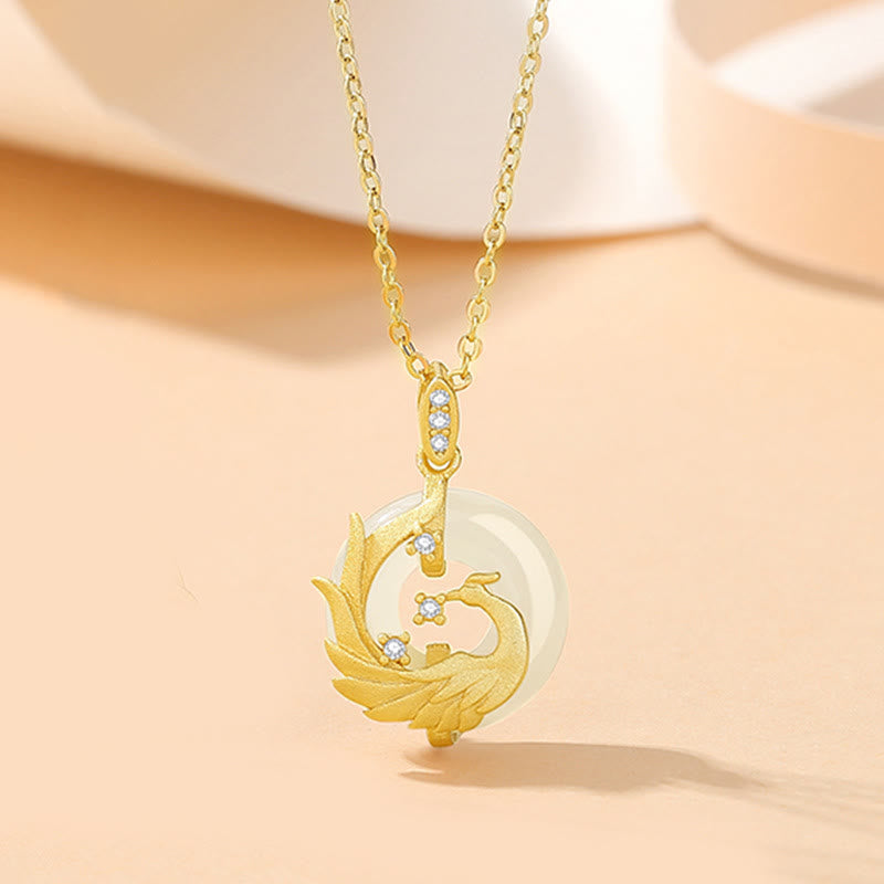 Wear FengShui 925 Sterling Silver Year of the Dragon Hetian Jade Golden Dragon Phoenix Peace Buckle Luck Necklace Pendant