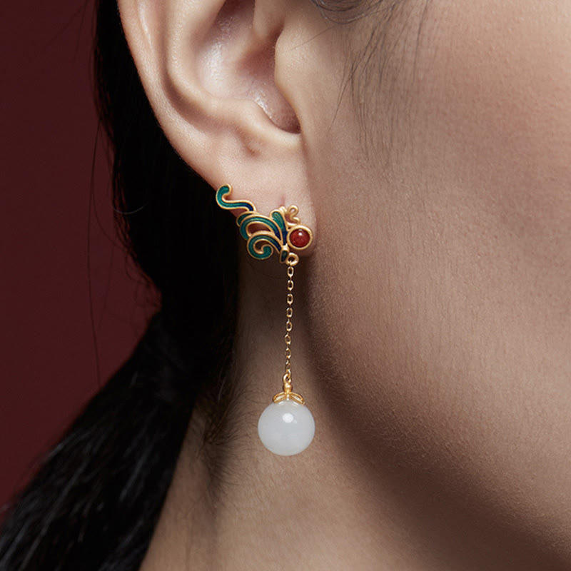 Wear FengShui Vintage White Jade Red Agate Bead Blessing Drop Dangle Earrings