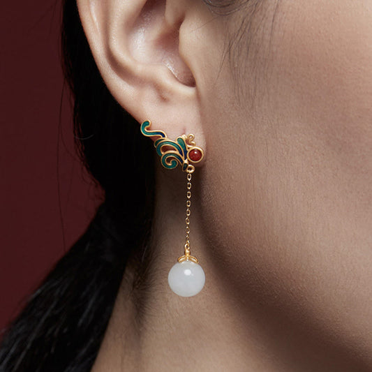 Wear FengShui Vintage White Jade Red Agate Bead Blessing Drop Dangle Earrings