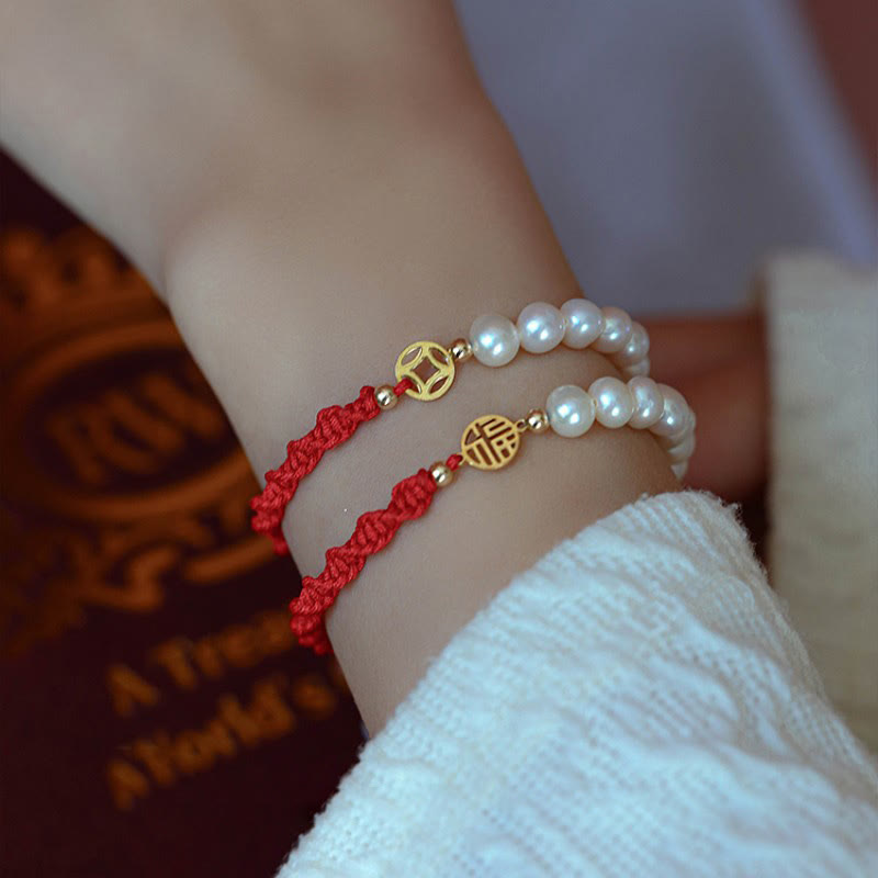 Wear FengShui 14K Gold Plated Pearl Bead Luck Protection Braid Red String Bracelet